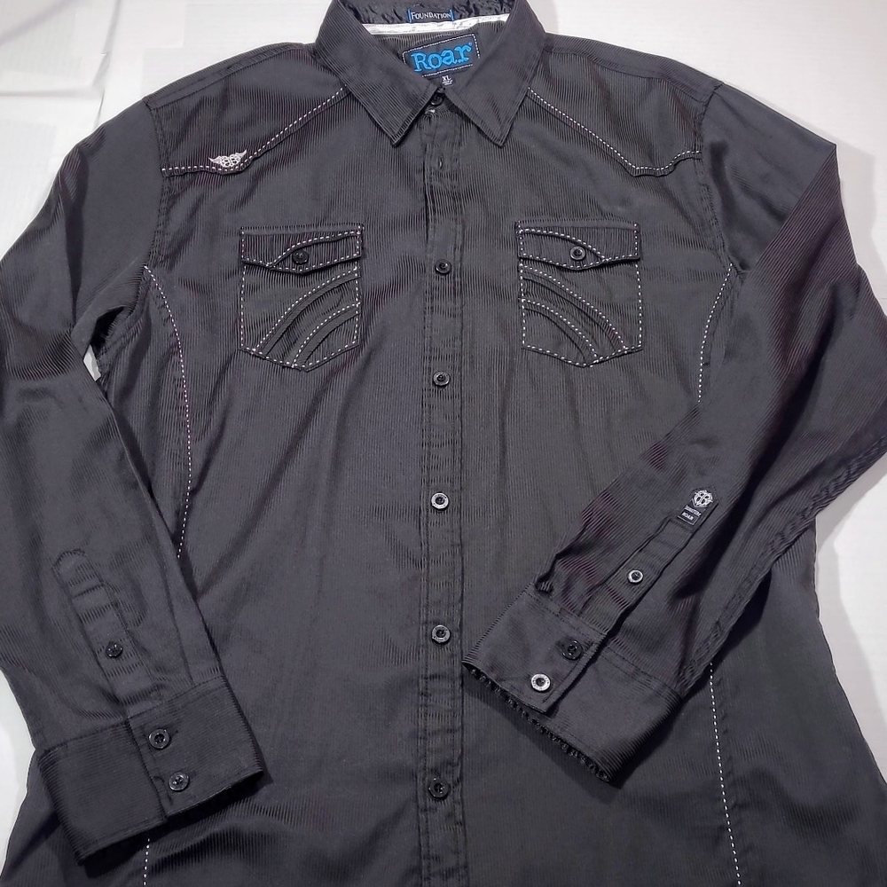 Roar Foundation Black XL Long Sleeve Button Down Shirt Western Biker Stitching